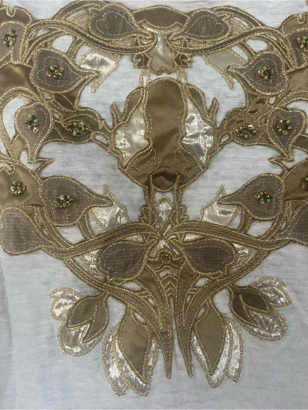 Linen Cream Colored Short Sleeve Tee with Gold Applique Embellishment